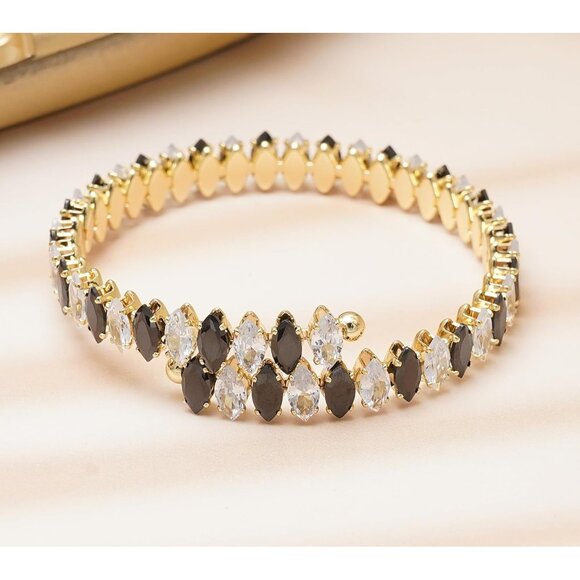 White Black Rhinestone Cuff Bracelet Cubic Zirconia Tennis Bracelets for Women - Picture 3 of 5